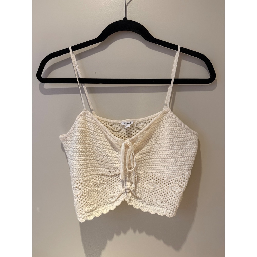Garage Crochet Cami Top Cream Pointelle Knit Tie Front Crop Tank Large